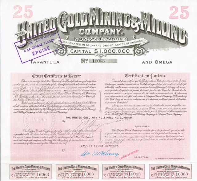 USA UNITED GOLD MINING & MILLING COMPANY stock certificate