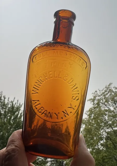 Antique Strap Side Whiskey Flask Winchell & Davis Albany NY Amber Glass Bottle