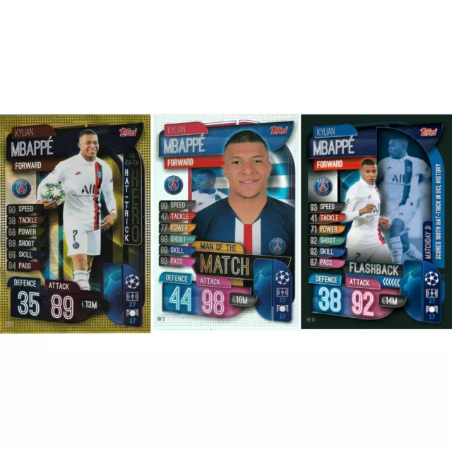 Topps Champions League Kylian Mbappe Psg Set Of 3 Match Attax Extra 19/20 Cards