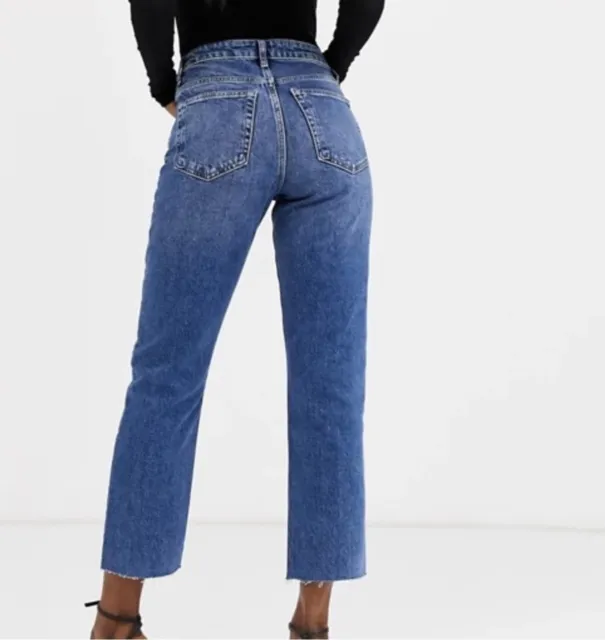 TOPSHOP Jeans Womens Size 28 Medium Wash Moto Mom High Waisted Raw Hem Denim NEW 2