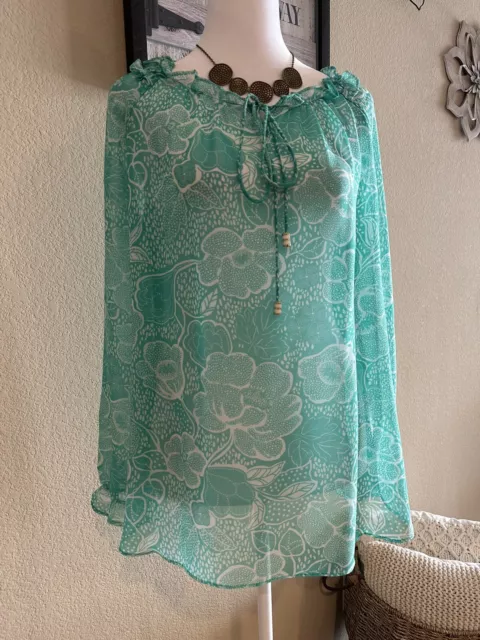 Susan Graver Women’s Teal/White Semi Sheer Long Sleeve Floral Blouse - Size S