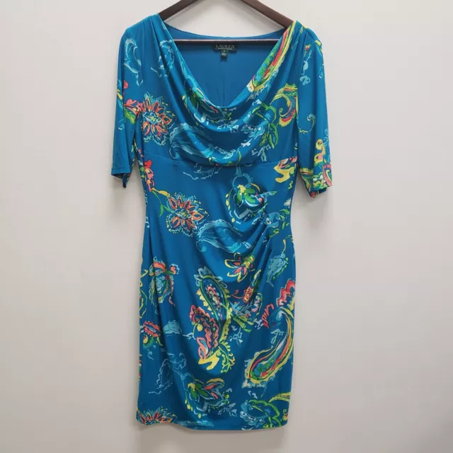 Lauren Ralph Lauren Womens Floral Cowl Neck Dress Size 12 Blue Short Sleeve