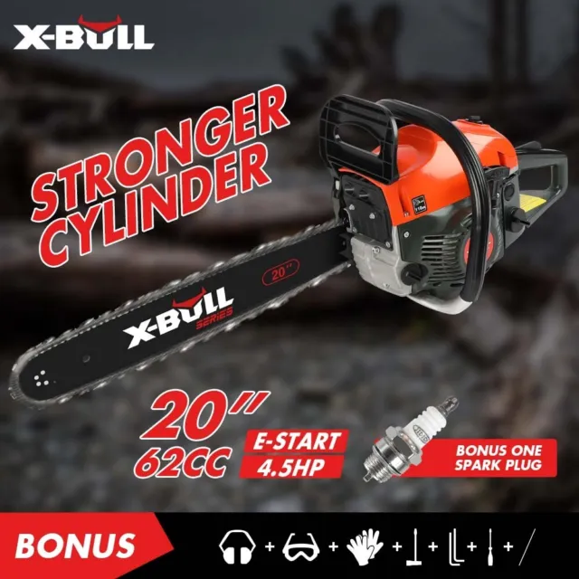 X-BULL Chainsaw Petrol Commercial 62CC 20" Bar E-Start Tree Pruning Top Handle