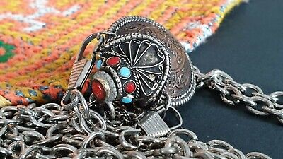 Old Tibetan Coin Snuff Bottle with Local Turquoise & Coral & Silver on Chain...