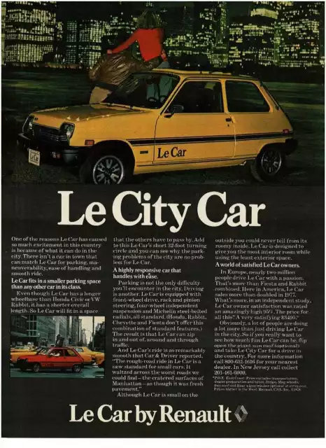 1978 Renault yellow Le Car night cityscape Vintage Print Ad