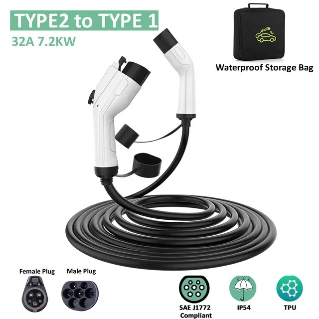 J1772 EV Charging Cable 32A 5m White Cord Type2 to Type1, 7.2KW with Storage Bag