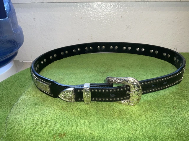Vintage Nocona Leather Silver Tone Navajo Studded Belt Sz 38 Euc