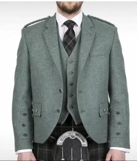 Men's Lovat Green Tweed Wool Argyle Jacket With Waistcoat -  Wedding Kilt Jacket