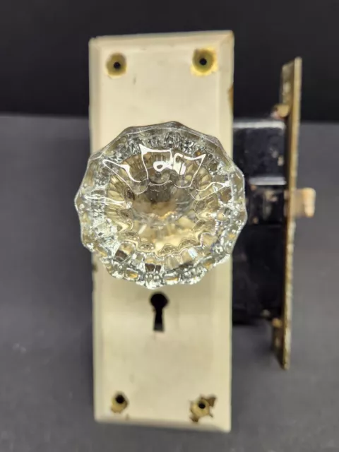 Vintage 12 Point Crystal Glass & Brass 2" Door Knobs w Art Deco Design Lock Set 2