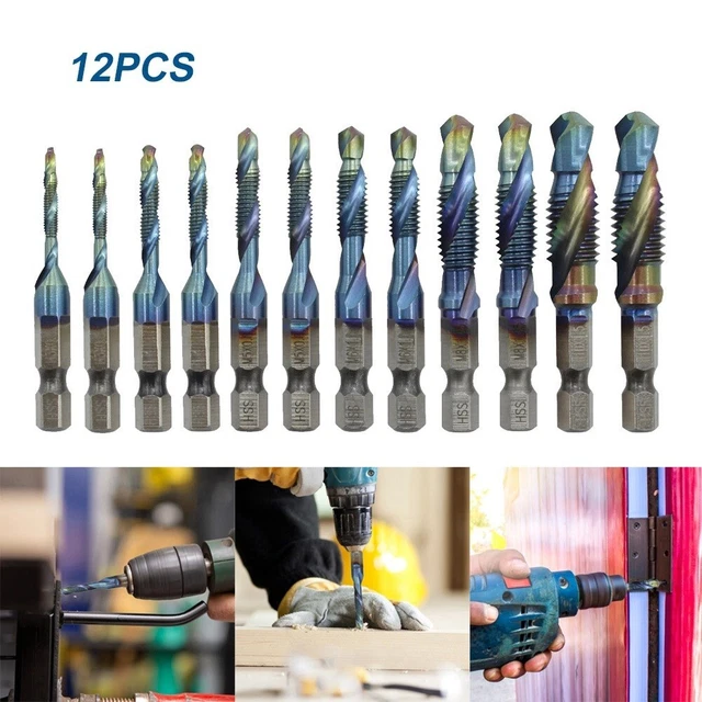 12Pcs M3-M10 Composito Hex-Shank IN HSS Metrico Vite Filo Blu Rubinetto Trapano