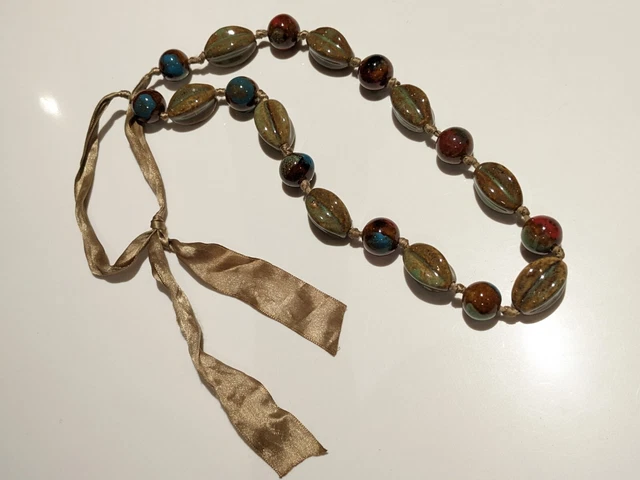 Bohemian red green brown Coloured Ceramic Bead ribbon Necklace