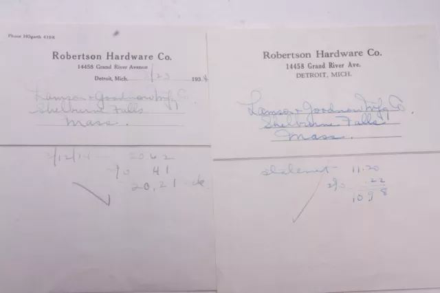 1934 Lamson Goodnow Robertson Hardware Co Detroit MI Envoi de fonds Ephemera P653C