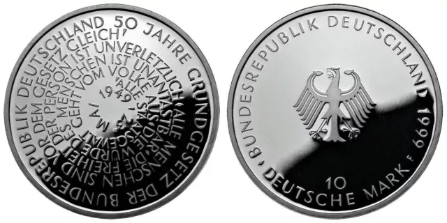 10 DM  1999 - 50 Jahre Grundgesetz - 5'er Set A - J /  925'er Silber Spiegelgl. 3