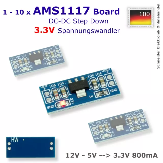 1 - 10 x AMS1117 5V zu 3,3V 800mA DC-DC Spannungswandler Step Down Buck Modul