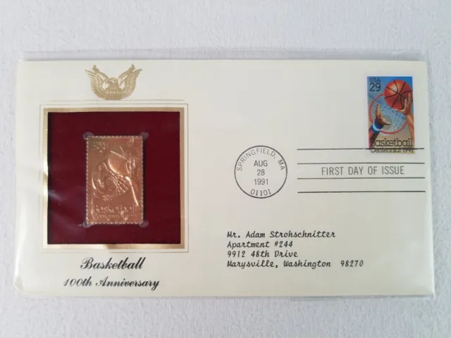 22kt Gold FDC First Day Issue Stamp Cover-Basketball 100th Anniversary