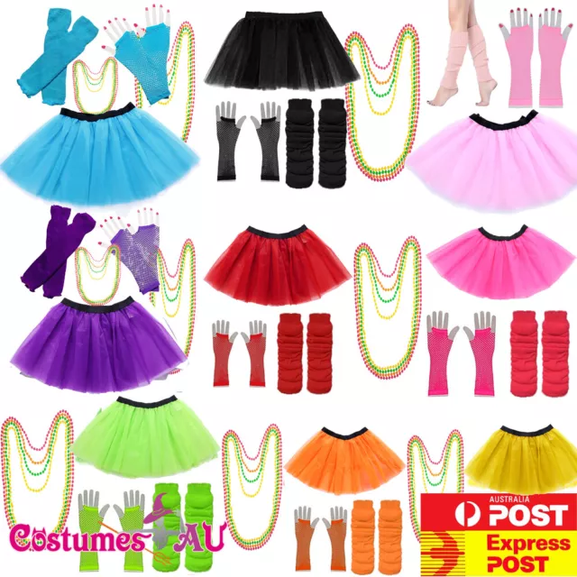 Ladies 1980s Tutu Skirt Fishnet Gloves Leg Warmers Necklace 80s Neon Costume