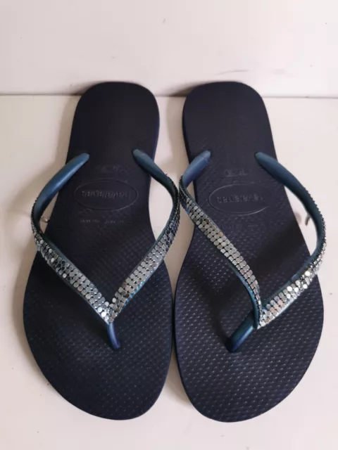 Havaianas Uk 4-5 Eu 37-38 Womens Summer Beach Navy Studs Flat Flip Flop Sandals