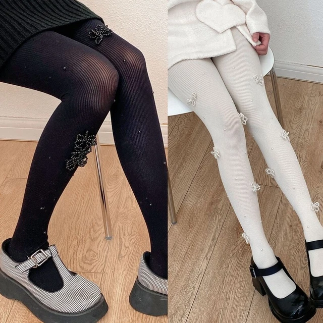 WOMEN RIBBED OPAQUE Pantyhose Bowknot Beaded Tights Stockings Clubwear ...
