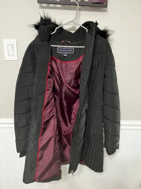 Tommy Hilfiger Women's Quilted Hooded Faux Fur Trim Coat Puffer Jacket L Black