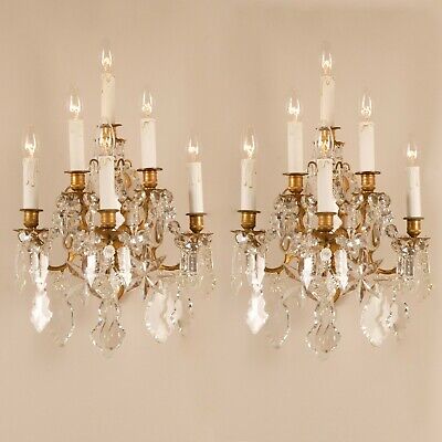 XL Antique French crystal sconces bronze Baccarat crystal prisms pendants 19thc