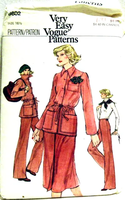 Vtg Vogue Pattern 9602 Unlined Jacket A Line Skirt Straight Pants Sz 16+1/2 Rare