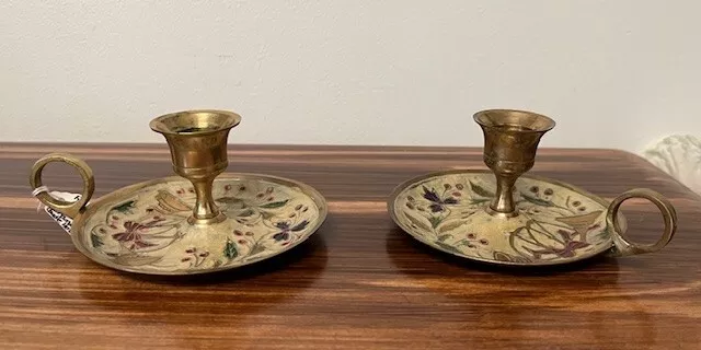 Pair Brass Enameled Chamber Stick Ornate Candle Holder w/Finger Loop Drip Tray