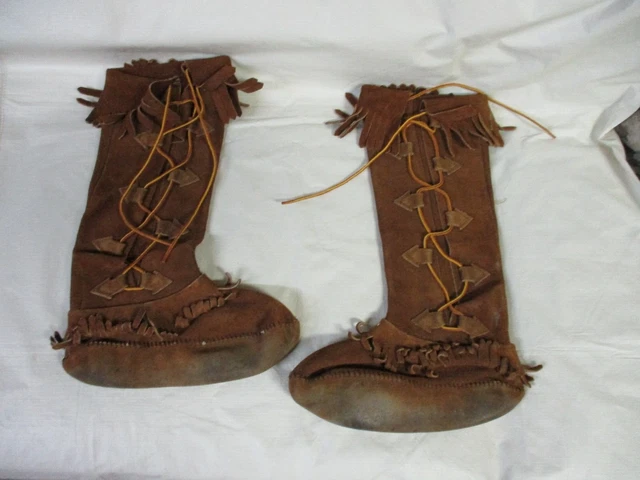 Women's Vintage Taos Brown Leather Fringe Tall Boots Side Tie Moccasins