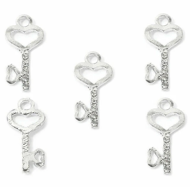 Anhänger 2 Stück Charms Schlüssel Herz Strass silber 23x10mm C151