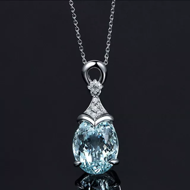 Women Fashion Gemstone Natural Chain Aquamarine Jewelry Necklace Pendant Silver