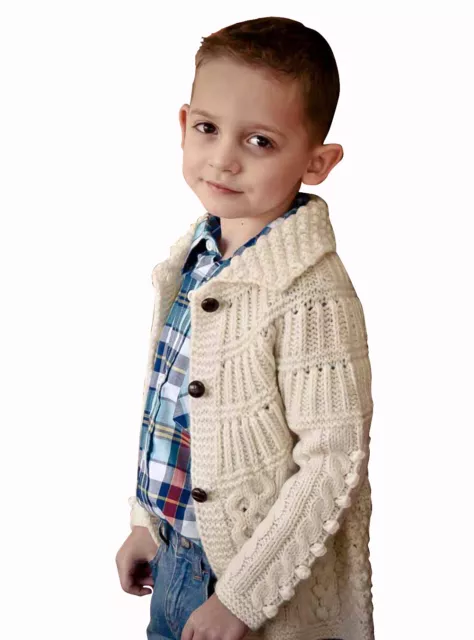 Irish Merino Wool Cardigan Aran Knit Kids Button Sweater Fold Over Collar White