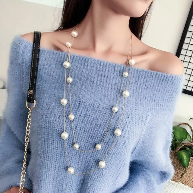 New Long Double Layer Simulated Pearl Necklace Women Sweater Chain Necklace