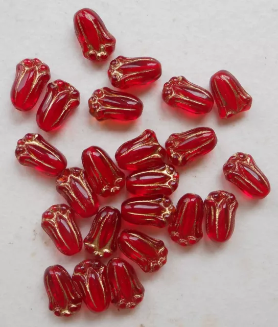 Ruby Red Pressed Czech Glass Tulip Beads With Gold Highlight – Lot Of 20+ (Pk91)