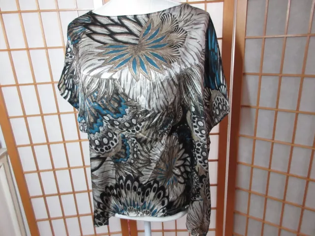 Bryn Walker Teal Blue/Blk/Brown/Silver Silk Short Sleeve Top SZ M