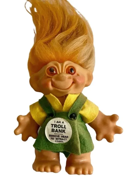 Thomas Dam Troll Doll Bank Denmark Yelllow Green Outfit Orange Hair VTG ‘60s