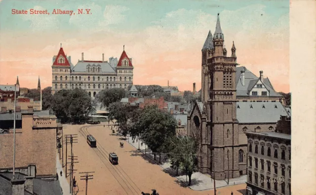 Albany NY New York State Street Main Downtown Trolley c1908 Vtg Postcard S1