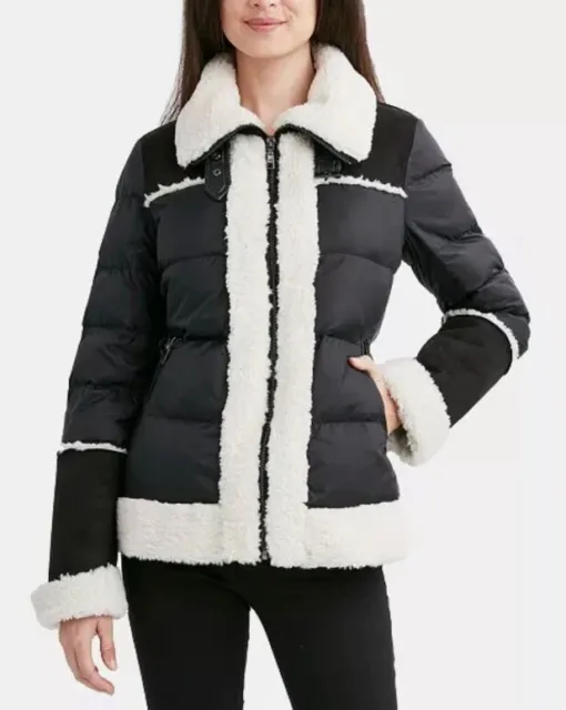 Tahari NWT Selena Faux Fur Trim Puffer Jacket, Size X-Small