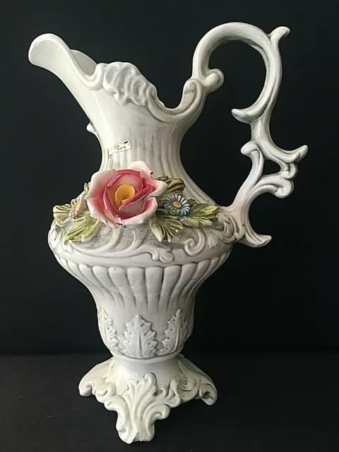 Grand Vase Aiguière En Céramique Italienne À Décor De Fleurs Style Bassano H. 36