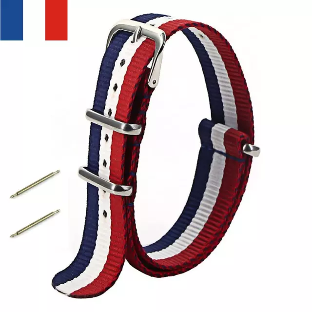 BRACELET MONTRE NATO 20 mm, Bleu, Blanc et rouge, neuf, 100% nylon, avec tiges