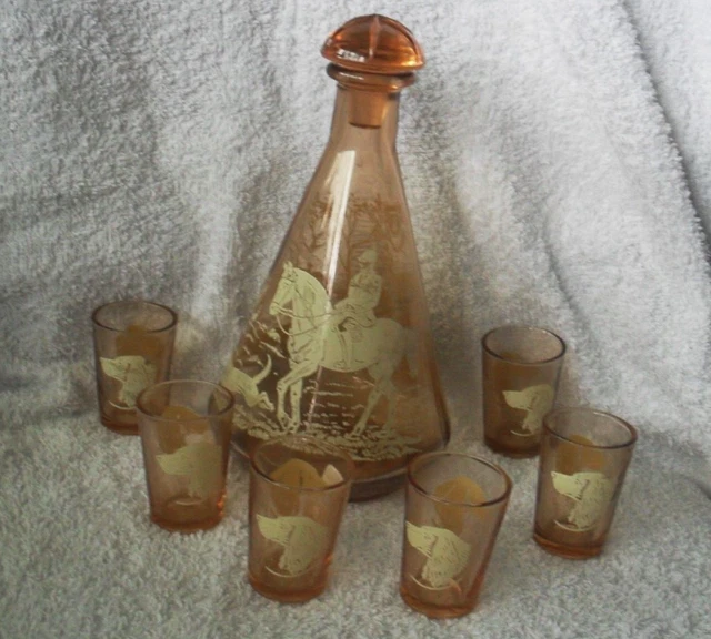 VINTAGE FRENCH PINK Glass Liqueur set= Hunting Scene Decanter + 6 shot