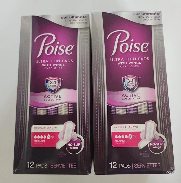 Almohadillas ultra delgadas Poise con alas colección activa, máximo #5, 2 cajas, 24 almohadillas