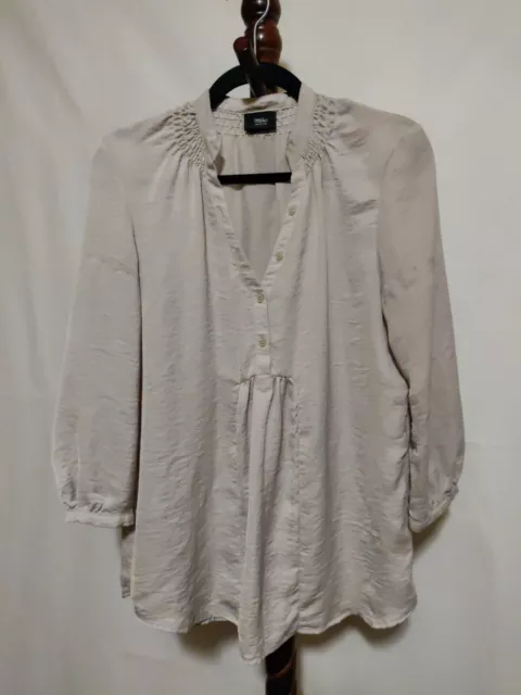 Mossimo womens size S tunic light Tan v-neck with buttons 3/4 sleeves gathered