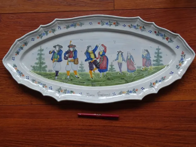 VINTAGE LARGE PLATER DISH FRENCH FAIENCE HB QUIMPER 19 THE CENTURY lenght 24,6"