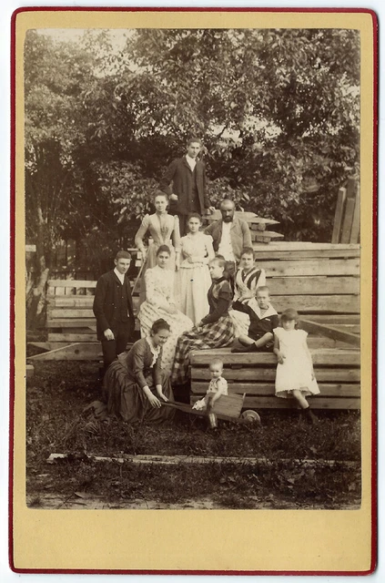 photo cdv c.1870 - outdoor family group - child wheelbarrow 19th century