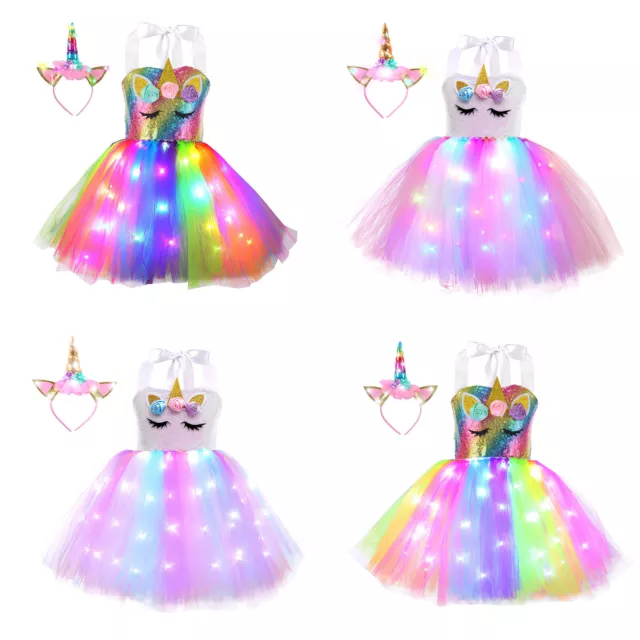 Kinder Mädchen Einhörner Kostüm Glitzer Tutu Prinzessin Kleid LED */
