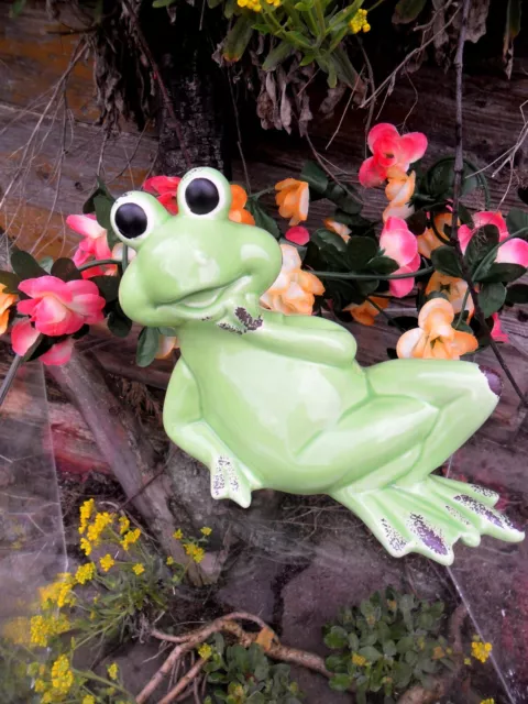 1 Figur  Niedlicher Frosch lustiger Wetterfrosch Keramik glasiert 16 x 12cm grün