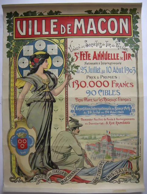 Plakat affiche Ville de Macon Fete Tir Lithografie entoilé 1903 art nouveau