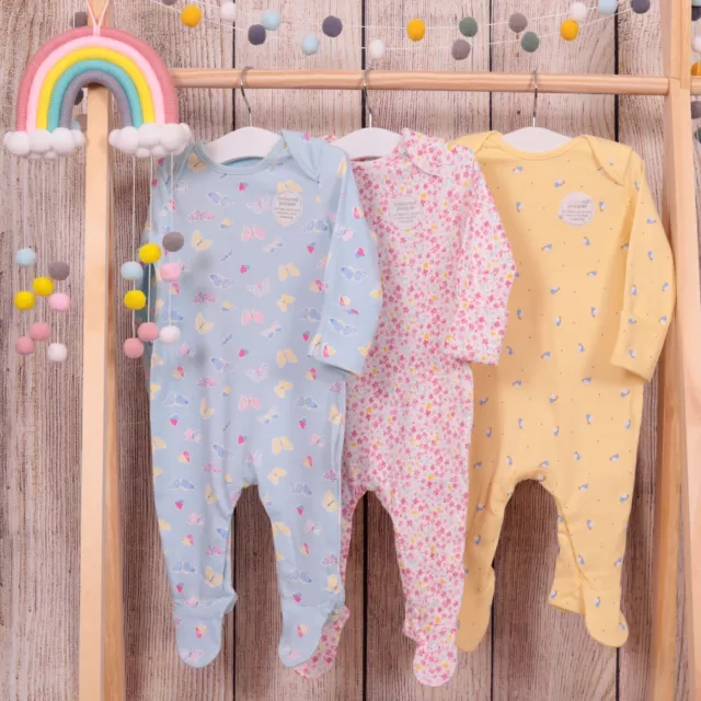 3 x BN Baby Girl's 1-3 Months Ex Mothercare Babygrow Sleepsuit Floral Butterfly