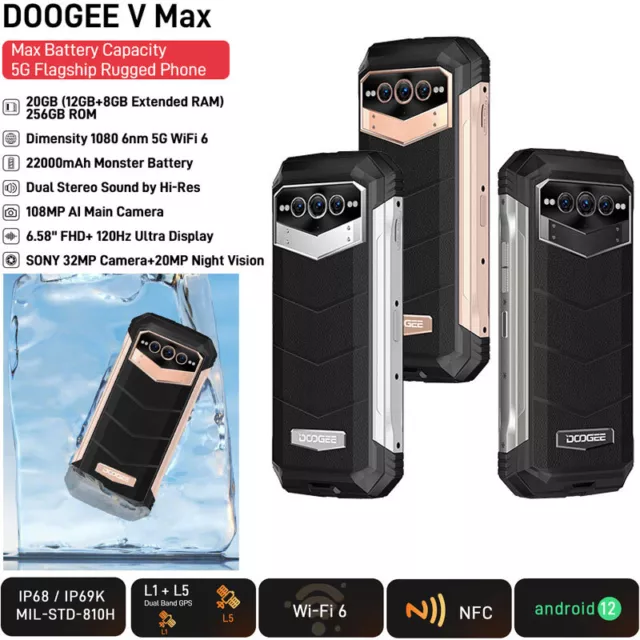 2023 DOOGEE V MAX 5G Rugged Smartphone 22000mAh 20+256GB Android 12 Phone  108MP