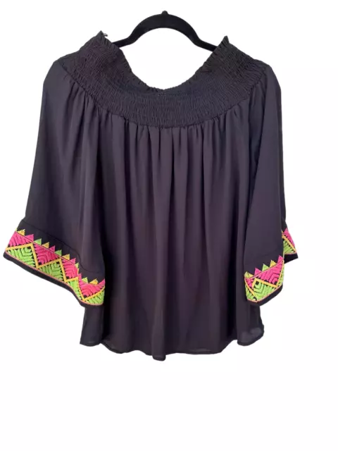 Va Va by Joy Han Women Embroidered Off Shoulder Smocked Blouse Black Top Size XS