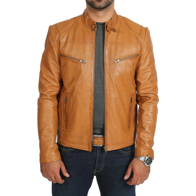 Jacket Leather Biker Motorcycle Men's Mens Lambskin Racer Cafe Vintage Tan 47
